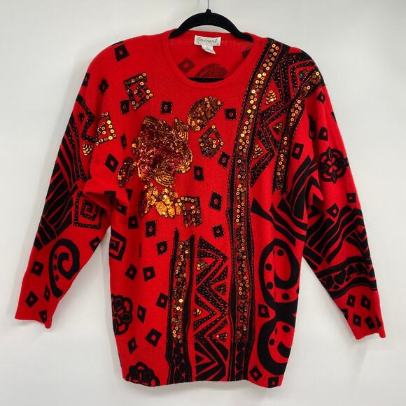 Vintage Sweaters - Vintage 80s Lambswool Sweater Beaded Sequined Oversized Red Gold Black Womens S